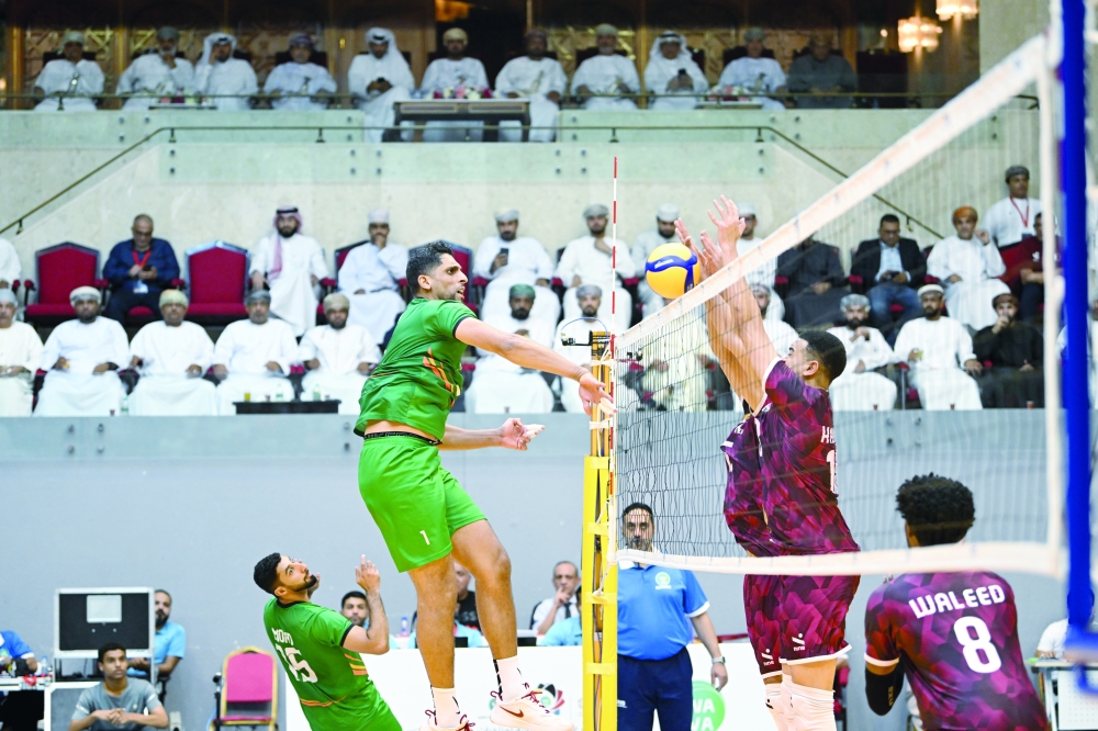 Oman players in action against Qatar during the final of the West Asia Men’s Volleyball Championship, which the hosts won in straight sets.
