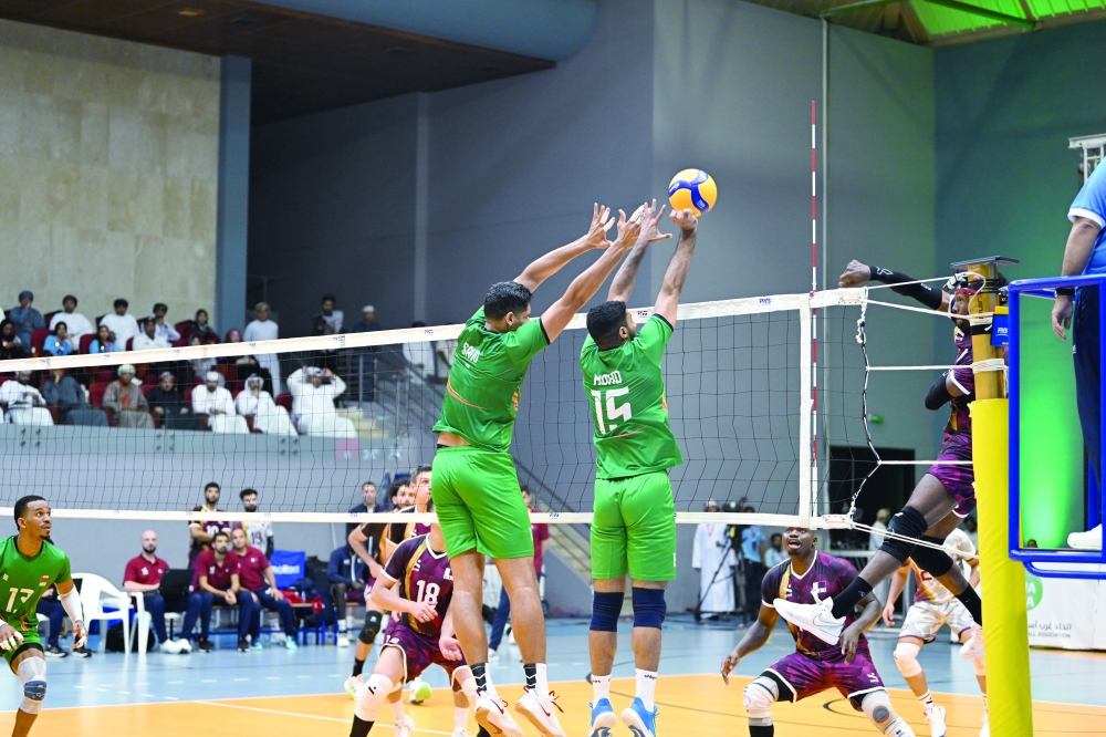 Oman players in action against Qatar during the final of the West Asia Men’s Volleyball Championship, which the hosts won in straight sets.
