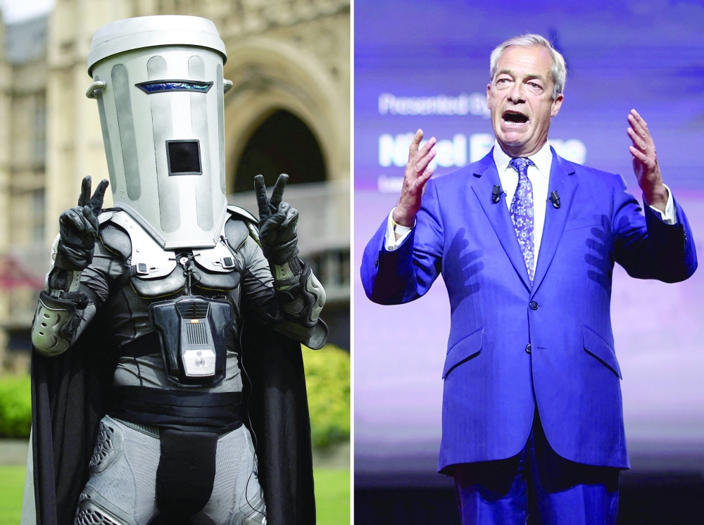 British hard-right leader Nigel Farage won on August 14, a snap UK election he triggered in Clacton, comfortably beating satirical opponent Count Binface (left) as was expected, according to results. 