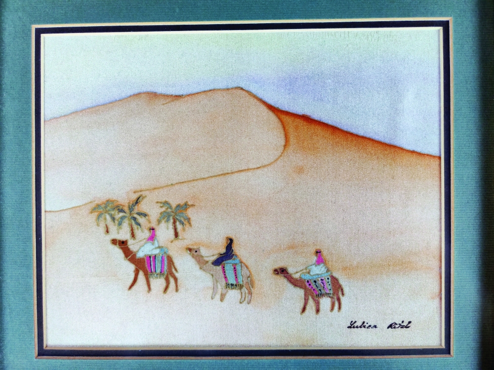 A camel caravan journeys across golden desert dunes. Medium Silk painting