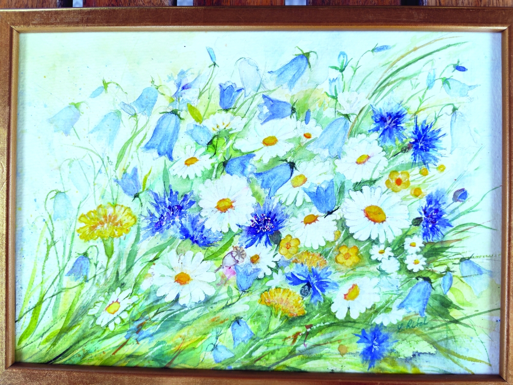 A cheerful meadow of bluebells, daisies, and cornflowers. Medium Silk painting