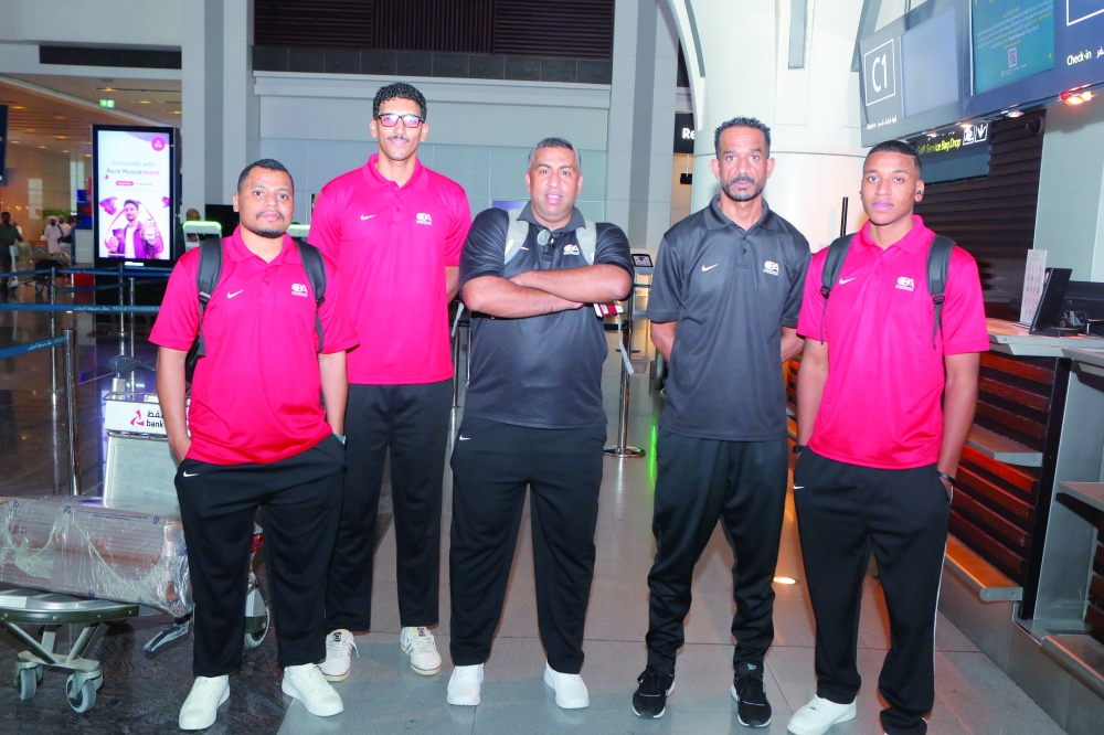 Oman’s national basketball team delegation gathers at Muscat International Airport before departing for the eight-day Dubai training camp.