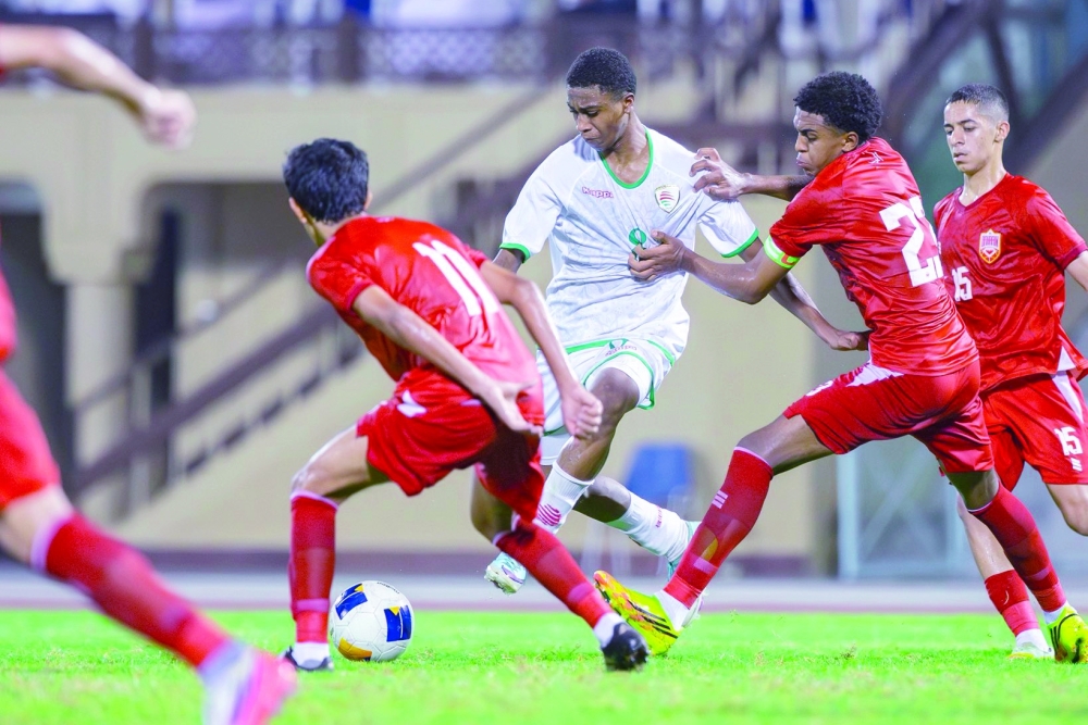 Oman U17 players battle for possession against Bahrain as they wrapped up their two-match friendly series with a 2-0 victory.