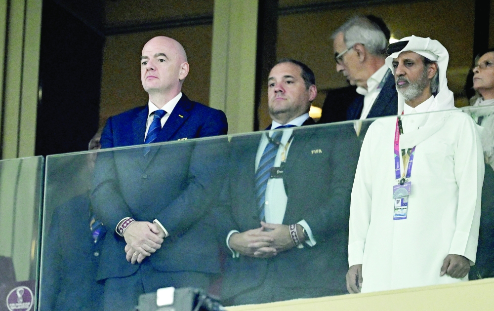 Fifa president Gianni Infantino and President of the Qatar Football Association Sheikh Hamad bin Khalifa bin Ahmed al Thani before the Fifa World Cup Qatar 2022 match beween Portugal and Uruguay at Lusail Stadium, Qatar on November 28, 2022. — Reuters