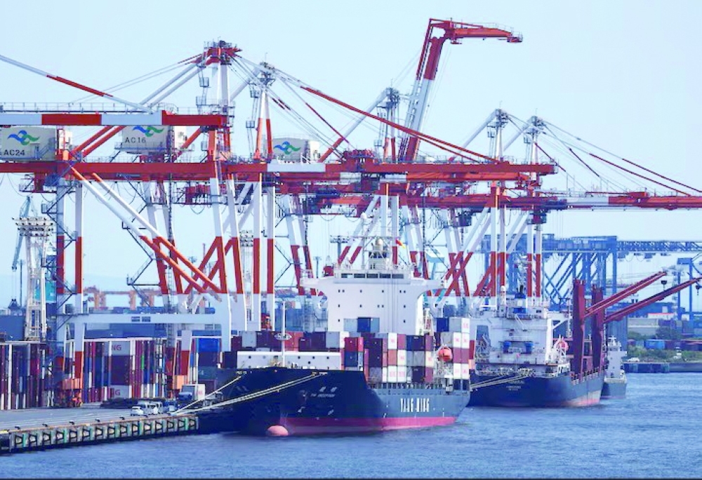 A cargo ship carrying containers is seen at an industrial port within Tokyo Port, Japan.