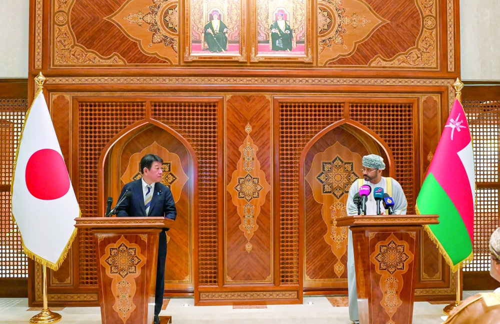 Sayyid Badr bin Hamad al Busaidi, Foreign Minister, and Motegi Toshimitsu, Japan's Minister for Foreign Affairs, in Muscat on Thursday. — ONA