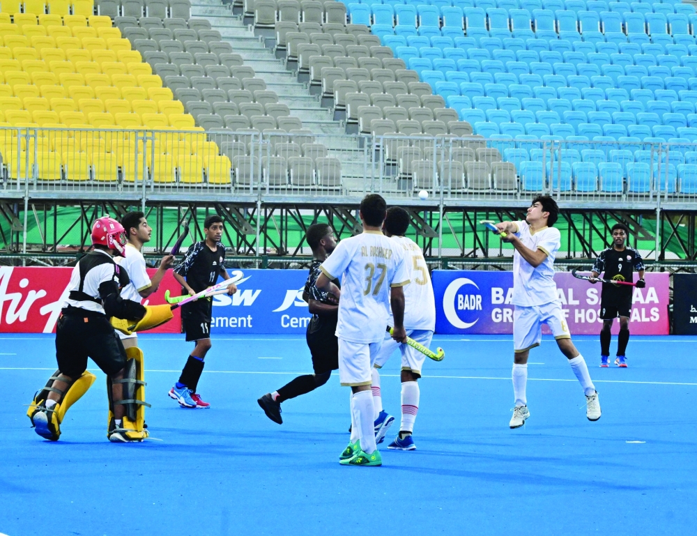 Qurayat players in action during their commanding 4-0 victory over Al Bashayer, which secured their place in the Group One final of the 2026 Oman Junior Hockey League.