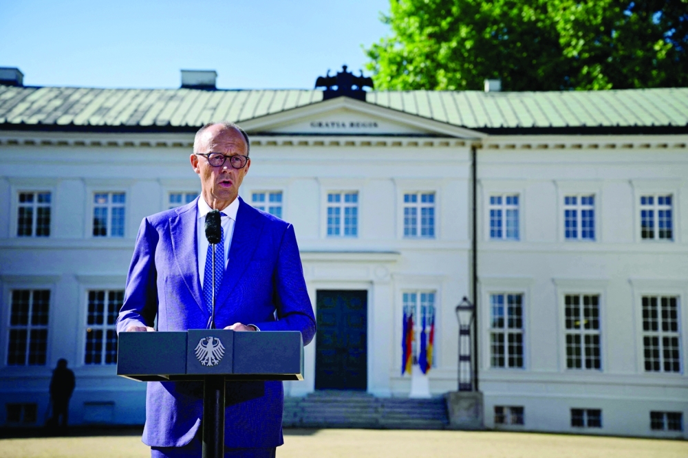 German Chancellor Friedrich Merz gives a statement prior to the start of a retreat meeting of the German cabinet. — AFP