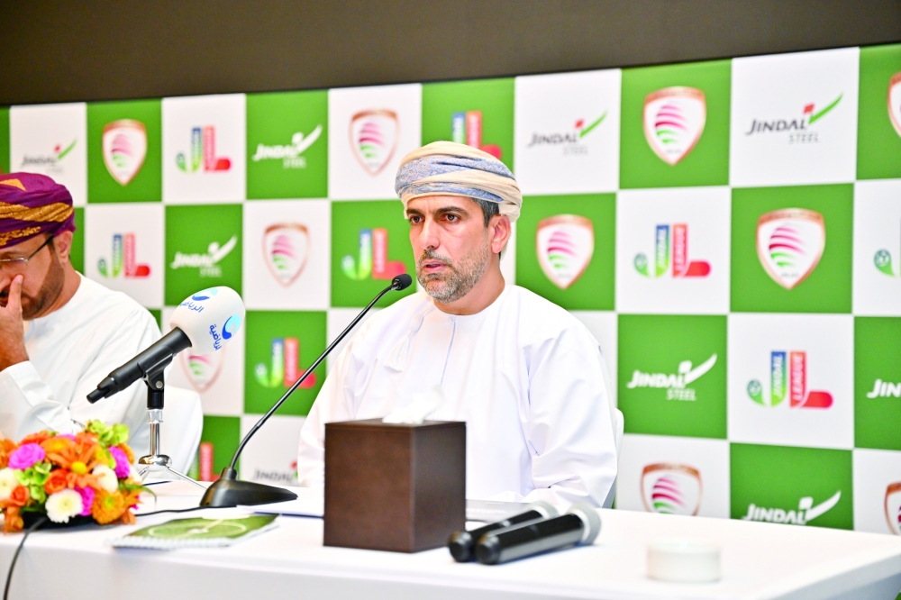 Mohammed bin Sulaiman al Yahmadi, Secretary-General of the Oman Football Association, speaks during the press conference announcing the Jindal League fan-engagement strategy.
