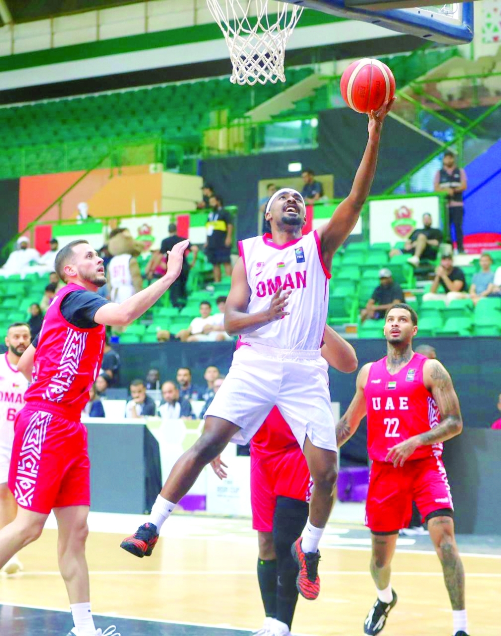 Oman’s national basketball team in action during their 115-89 defeat to UAE in the Asia Cup 2029 Pre-Qualifiers. — Ammar al Musafir