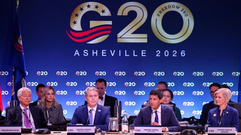 US Treasury Secretary Scott Bessent, Federal Reserve Chair Kevin Warsh, President and CEO of Citizens Bank of Edmond Jill Castilla, CEO of JPMorgan Chase Jamie Dimon attend a plenary session as finance ministers and central bank governors from G20 countries meet in Asheville, North Carolina. - Reuters