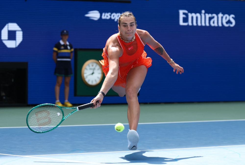 Belarus’ Aryna Sabalenka plays a shot to Colombia’s Camila Osorio during their women's singles first round tennis match on day two of the US Open tennis tournament at the USTA Billie Jean King National Tennis Center in New York on August 31, 2026.  (Photo by TIMOTHY A. CLARY / AFP)
