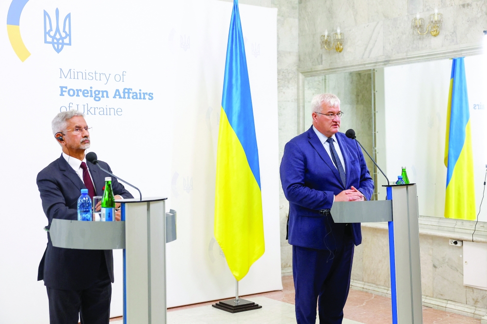Indian Foreign Minister S Jaishankar and Ukrainian Foreign Minister Andrii Sybiha attend a joint news conference amid Russia's attack on Ukraine, in Kyiv, Ukraine. - Reuters