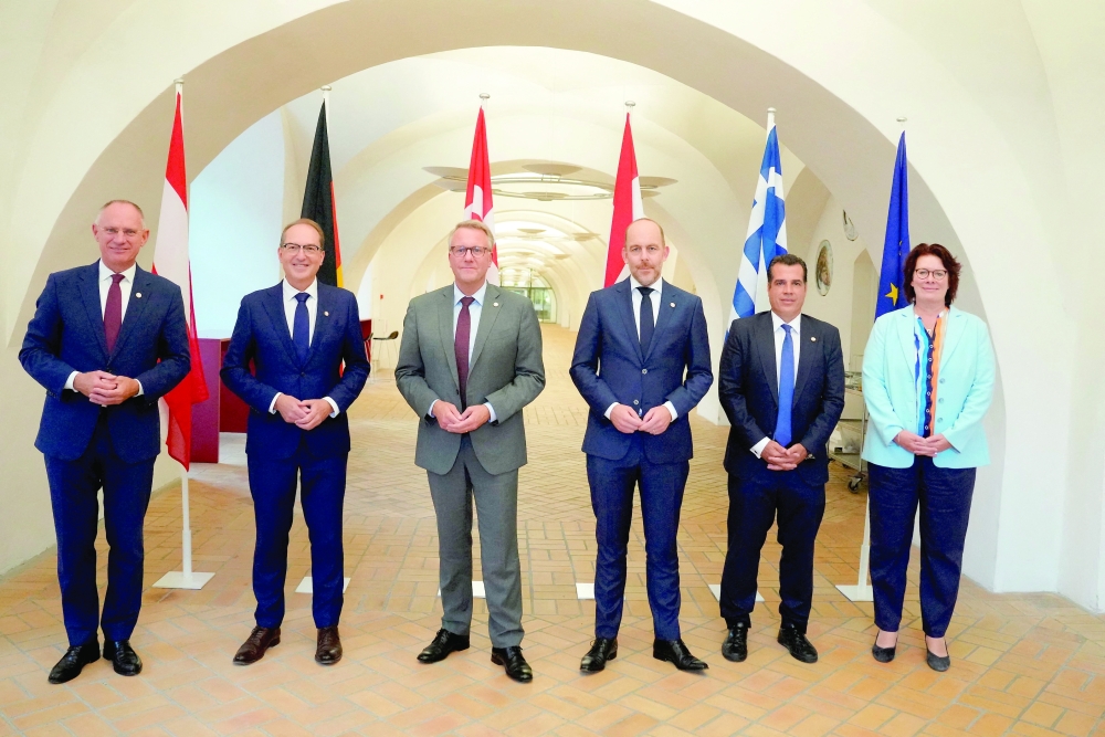 Director-General of the European Commission's Directorate-General for Migration and Home Affairs Beate Gminder, Denmark's Minister for Immigration & Integration Morten Boedskov, Netherlands' Minister for Asylum & Migration and Deputy Prime Minister Bart van den Brink, Germany's Minister of the Interior Alexander Dobrindt, Austria's Minister of the Interior Gerhard Karner, and Greece's Minister for Asylum and Migration Thanos Plevris during meeting of the Ministers for Immigration and Integration from the Five Country Group in Copenhagen. — Reuters