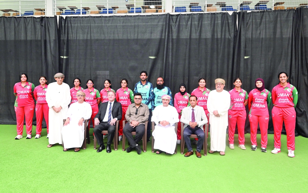 ICC Chairman Jay Shah with the Oman women's team. — Hussain al Maqbali