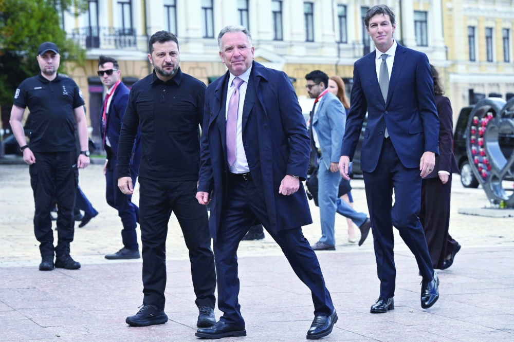 Ukraine's President Volodymyr Zelensky (L) welcomes US Special Envoys Steve Witkoff (C) and Jared Kushner (R) prior to their talks in Kyiv. — AFP