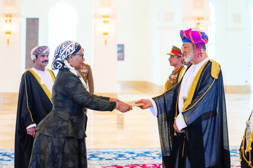 His Majesty Sultan Haitham bin Tarik receives credentials from Maulidah Bwanakheir Hassan, Ambassador of Tanzania, at Al Hosn Palace in Salalah on Thursday. SEE ALSO P3
