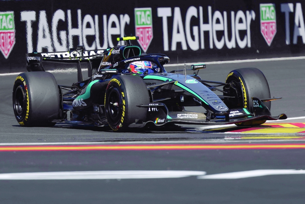Mercedes' Italian driver Kimi Antonelli drives during the second practice session at the Madring circuit on September 11, 2026 in Madrid ahead of the Spanish Formula One Grand Prix. (Photo by Thomas COEX / AFP)
