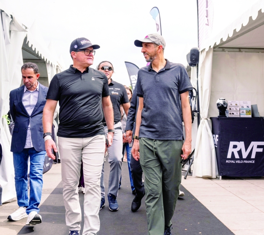Sayyid Ibrahim bin Said al Busaidi, Minister of Heritage and Tourism, with Scott DeRue, CEO of Ironman Group, at the participants’ village for the Ironman 70.3 World Championship in Nice, France. 
