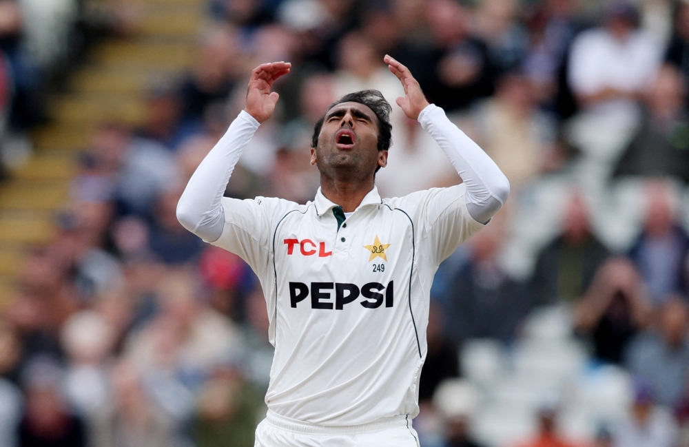 Pakistan's Mohammad Ali looks dejected after taking the wicket of England's Joe Root after it is ruled out due to a no ball delivery 