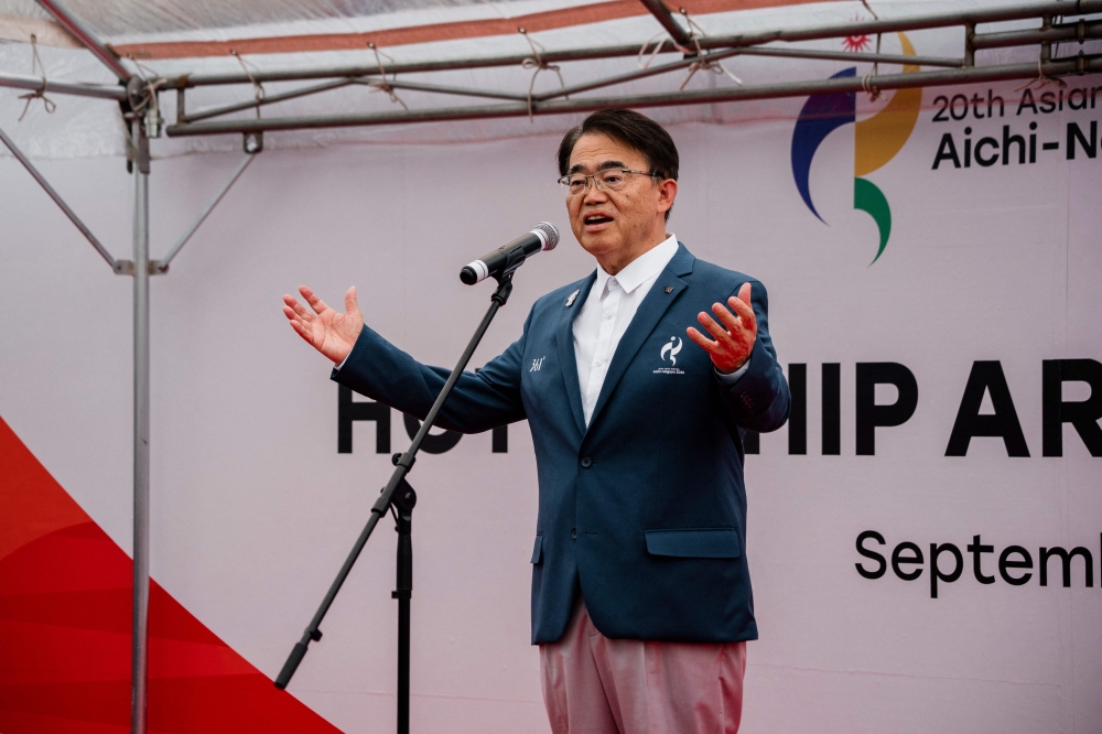 Aichi Prefecture Governor and Aichi-Nagoya Asian Games Organising Committee President Hideaki Omura delivers a speech during a ceremony marking the arrival of the Costa Serena cruise ship  