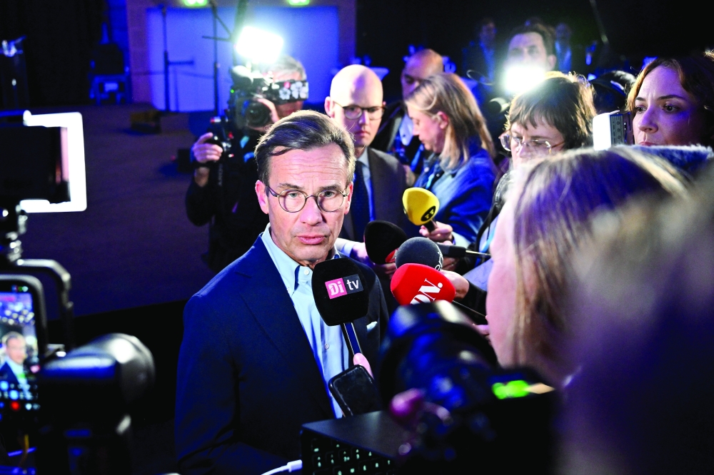 Moderates party leader Ulf Kristersson speaks during an interview during the Moderates' election night watch party in central Stockholm, Sweden. — Reuters
