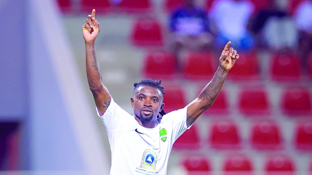 Al Nahda's Petrus Boumal celebrates after scoring a late equaliser during their 1-1 draw with Saudi Arabia’s Al Taawoun in the AFC Champions League Two Group C opener at the Sultan Qaboos Sports Complex.