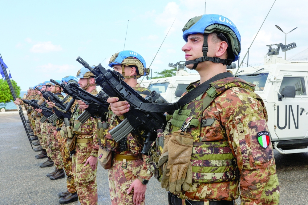 United Nations Interim Force in Lebanon troops stand in formation at the UNIFIL base, near Mansouri, Southern Lebanon. — Reuters