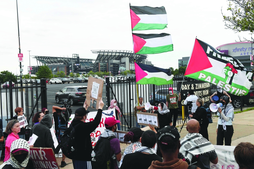 Pro-Palestinian protesters demonstrate near Lincoln Financial Field ahead of Sheeran's concert — AFP