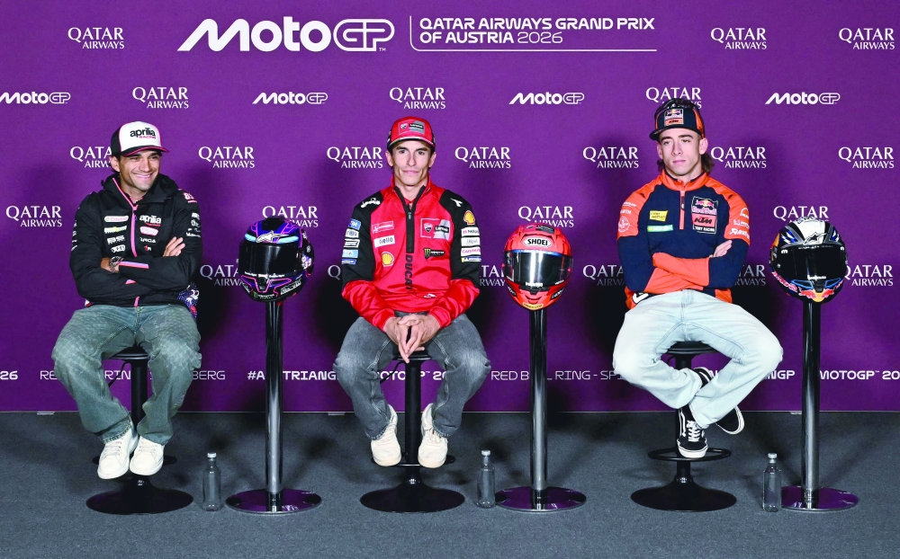  Aprilia Racing Team's Spanish rider Jorge Martin, Team Ducati Lenovo Team's Spanish rider Marc Marquez and Red Bull KTM Factory Racing Team's Spanish rider Pedro Acosta address a joint press conference at the Red Bull Ring racetrack in Spielberg, Austria. — AFP