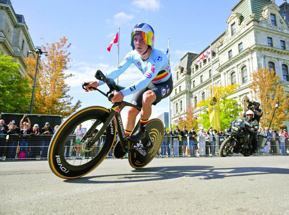 Remco Evenepoel (BEL) competes in the Men individual time trial at the UCI Road World Championships. — Imagn Images