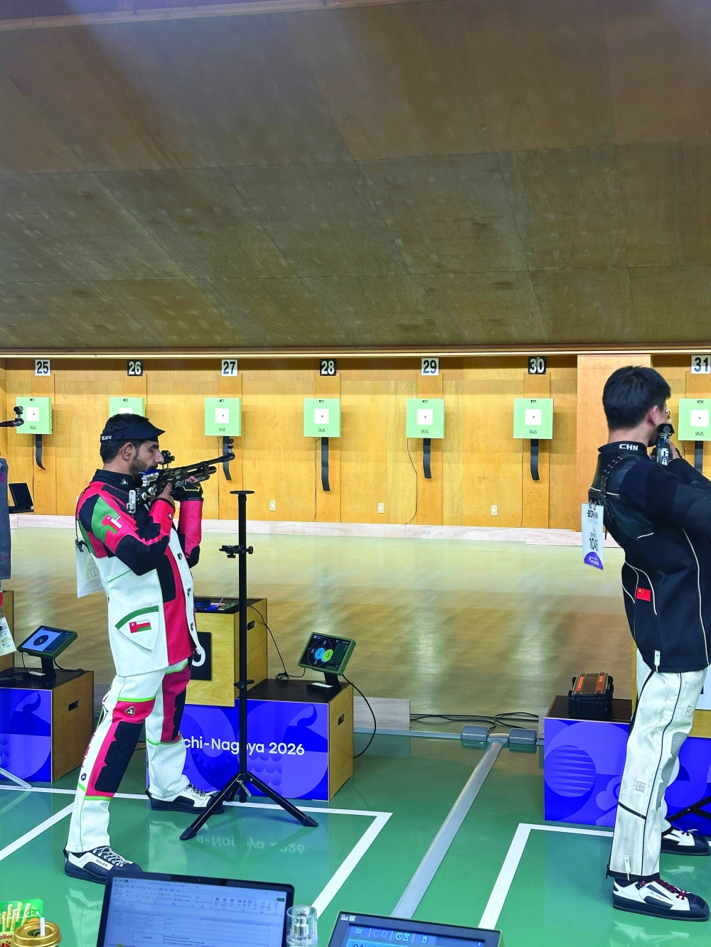 Omani shooter Khalid al Kalbani competes in the men’s 10m Air Rifle qualification at the Aichi Prefectural General Shooting Range.