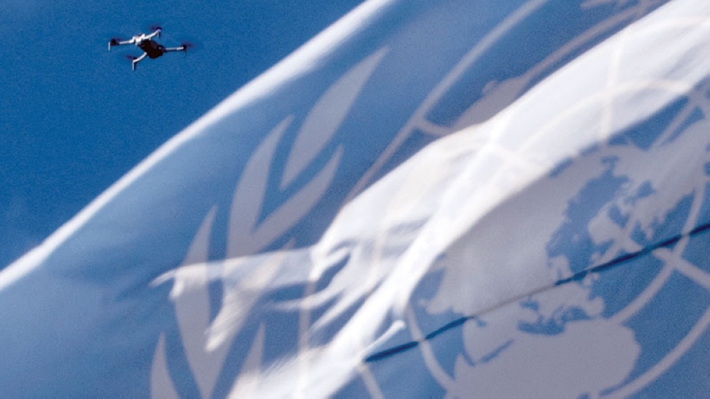 A security drone flies near the United Nations flag as the UN prepares for world leaders to convene for the 81st United Nations General Assembly in New York City, US, on Monday. - Reuters