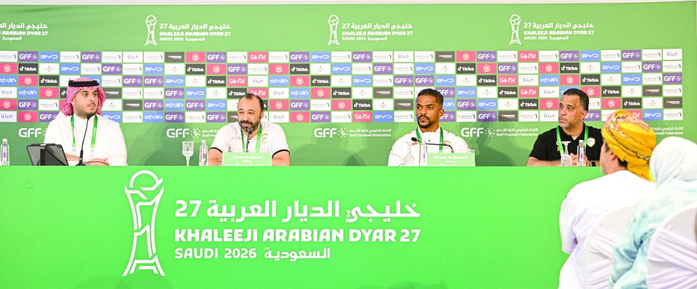 Oman coach Tarik Sektioui and player Ahmed al Rawahi attend the pre-match press conference in Jeddah ahead of the Gulf Cup 27 match against Iraq. — Abdulwahid al Hamadani