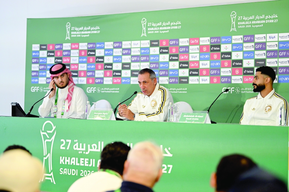 Saudi Arabia head coach Georgios Donis and player Abdulelah Alamri speaking ahead of Saturday’s Group A match against Oman. — Abdulwahid al Hamadani