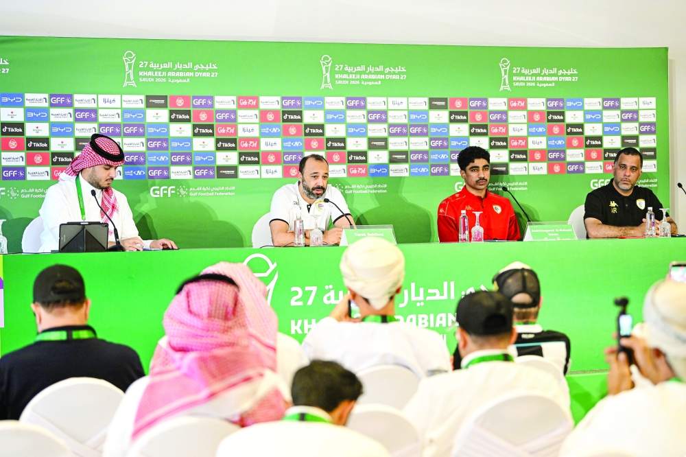 Oman head coach Tarik Sektioui and midfielder Abdulmajid al Balushi attend the pre-match press conference in Jeddah. — Abdulwahid al Hamadani