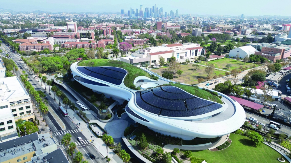 Aerial view of the Lucas Museum of Narrative Art as it opens to the public. — AFP