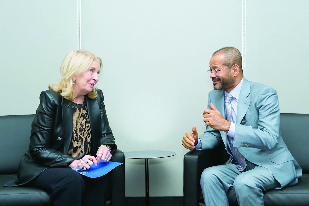 Sayyid Badr bin Hamad al Busaidi, Foreign Minister, with Catherine Russell, Executive Director of UNICEF, in New York on Saturday.
