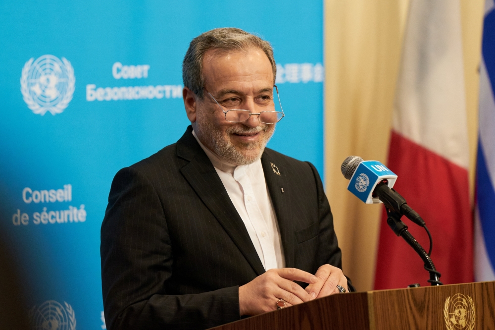 Iran’s Foreign Minister, Abbas Araqchi, addresses the media at a press conference during the 81st United Nations General Assembly (UNGA)