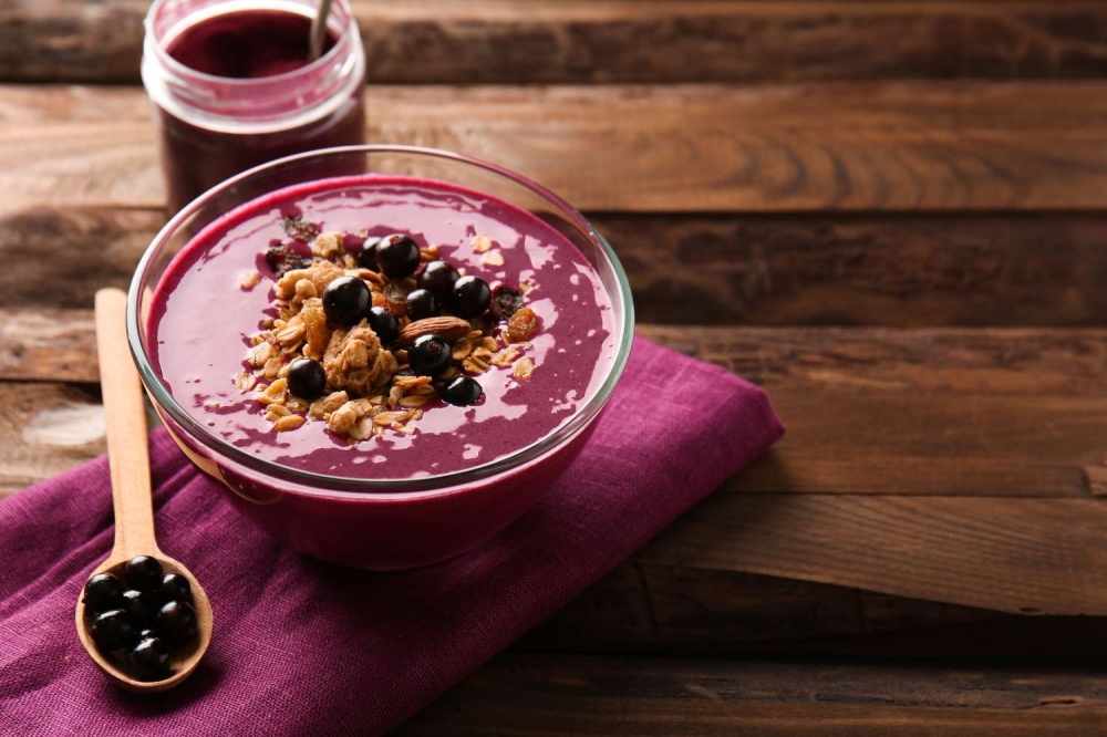 Açaí is often blended into a thick purée before being served with a variety of toppings.