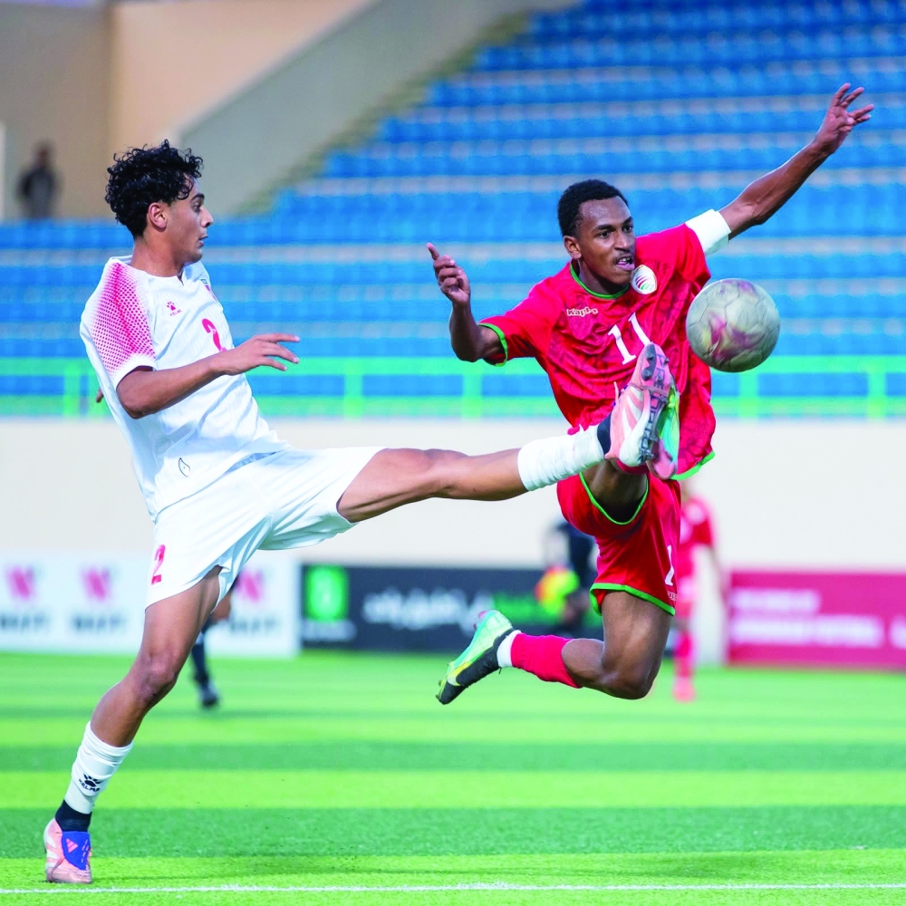 Oman U17 players in action against Jordan during their opening match of the WAFF U17 Championship at Aqaba Stadium.