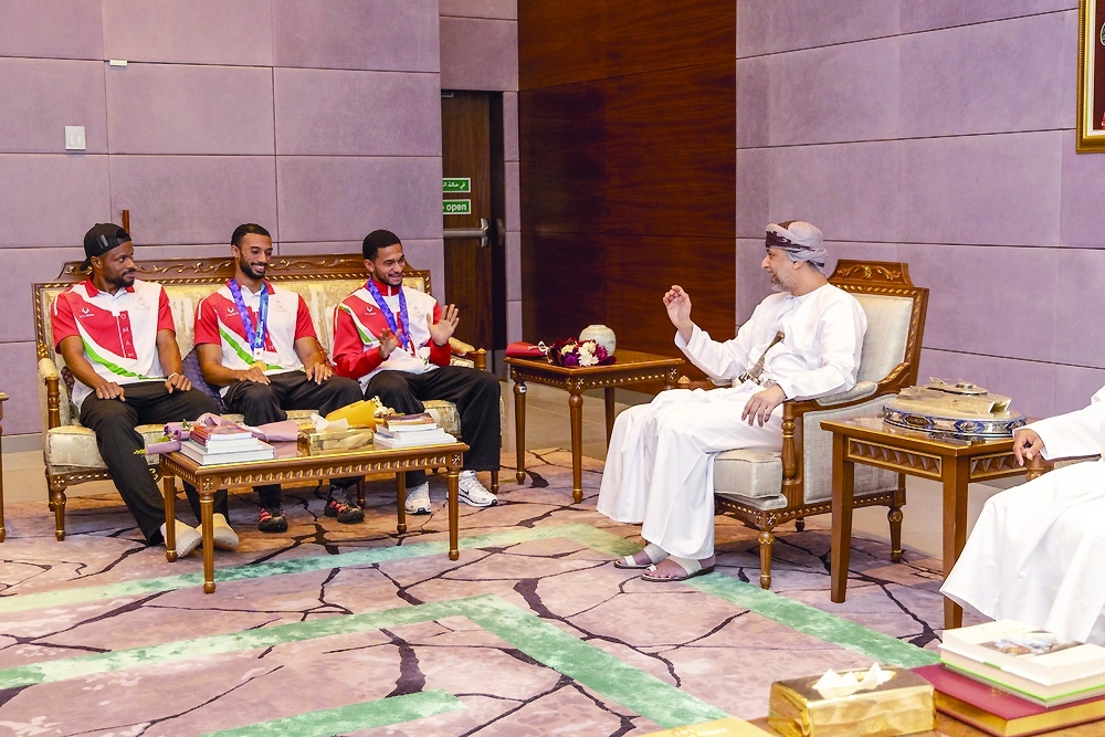 Oman’s 100m silver winner Ali al Balushi and bronze-winner Mulhim al Balushi during the reception in Muscat. — ONA