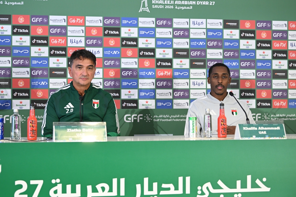 UAE coach Zlatko Dalic and defender Khalifa al Hammadi attend the pre-match press conference. — Abdulwahid al Hamadani