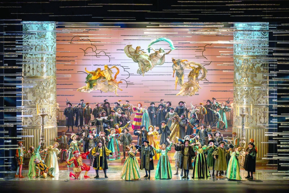 The lavish court setting reflects the wealth and excess surrounding the Duke of Mantua.