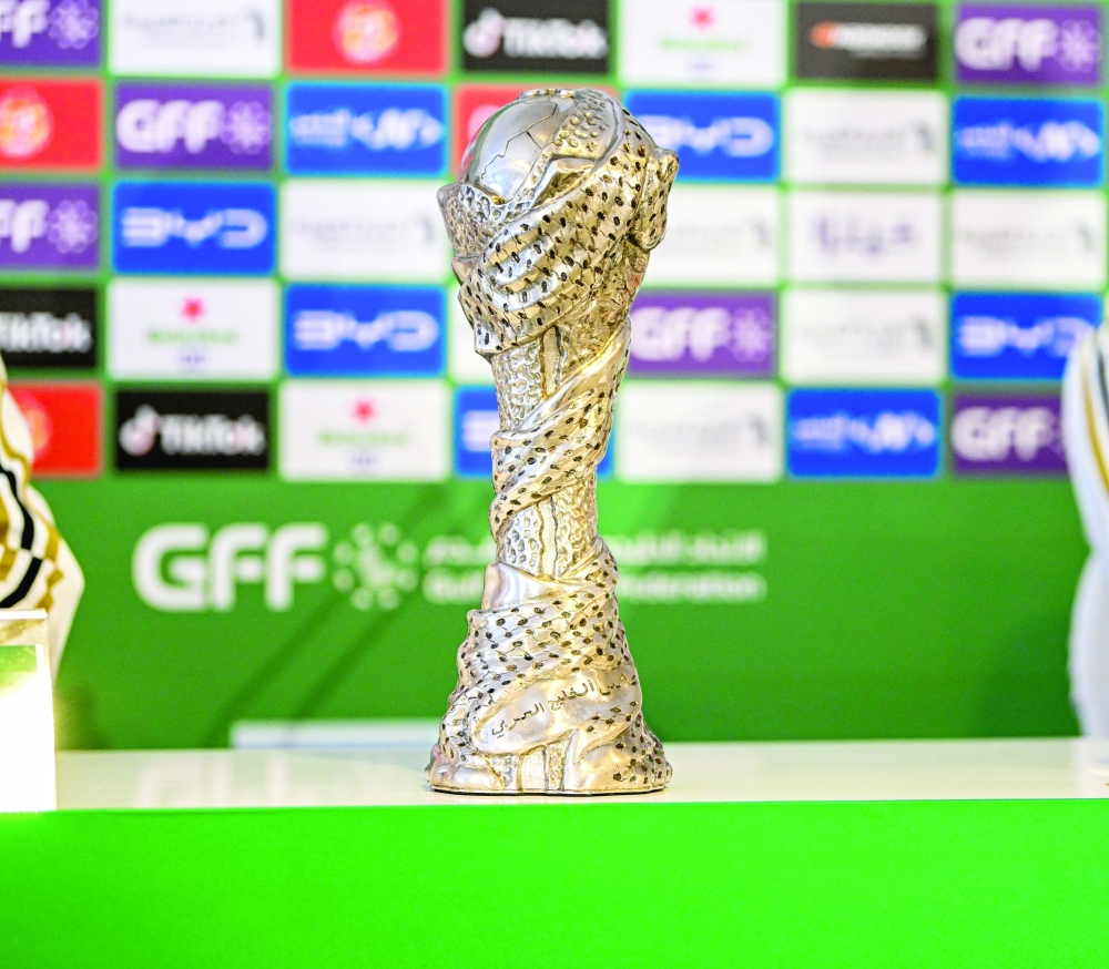 The Gulf Cup trophy on display during the pre-final press conference in Jeddah. — Abdulwahid al Hamadani