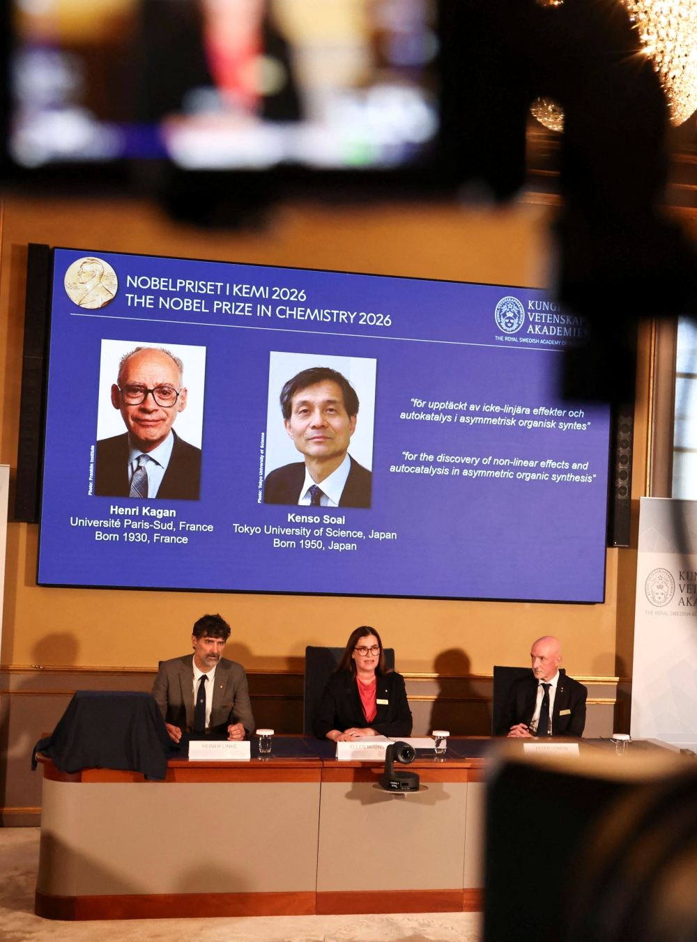 Henri Kagan and Kenso Soai are awarded the 2026 Nobel Prize in Chemistry during a press conference at the Royal Swedish Academy of Sciences in Stockholm, Sweden, October 7, 2026.