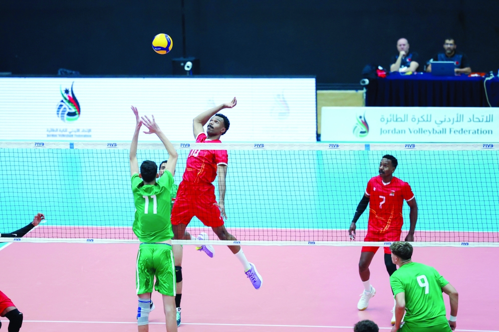 An Oman player in action against Algeria during their opening match at the 24th Arab Men’s Volleyball Championship in Amman.