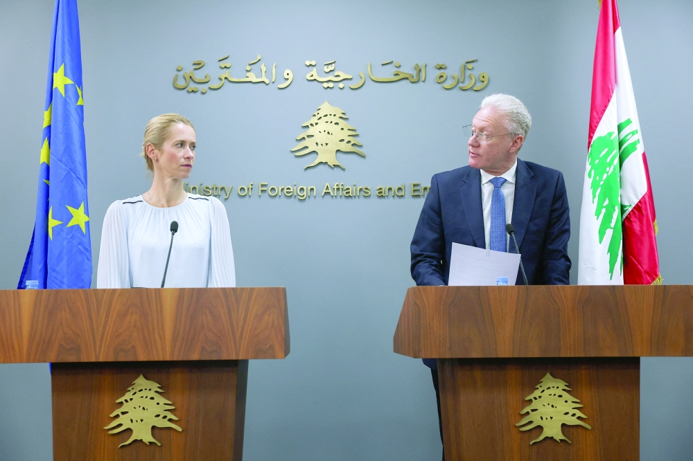 EU foreign policy chief Kaja Kallas and Lebanese Foreign Minister Youssef Raggi attend a press conference in Beirut on Thursday. — Reuters