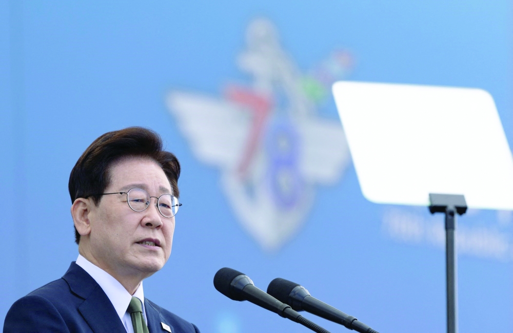 President Lee Jae Myung, who observed Thursday's hypersonic test launch, speaks at an Armed Forces Day ceremony in Gyeryong on October 1. — Reuters