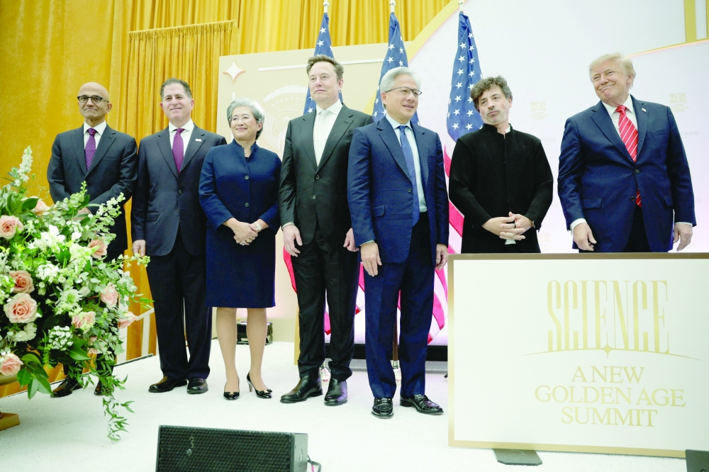 CEO of Microsoft Satya Nadella, Dell Technologies CEO Michael Dell, AMD CEO Lisa Su, Tesla and SpaceX CEO Elon Musk, NVIDIA CEO Jensen Huang, and Google co-founder Sergey Brin stand with US President Donald Trump during the 'A New Golden Age' summit at the US Institute of Peace in Washington, DC. — Reuters